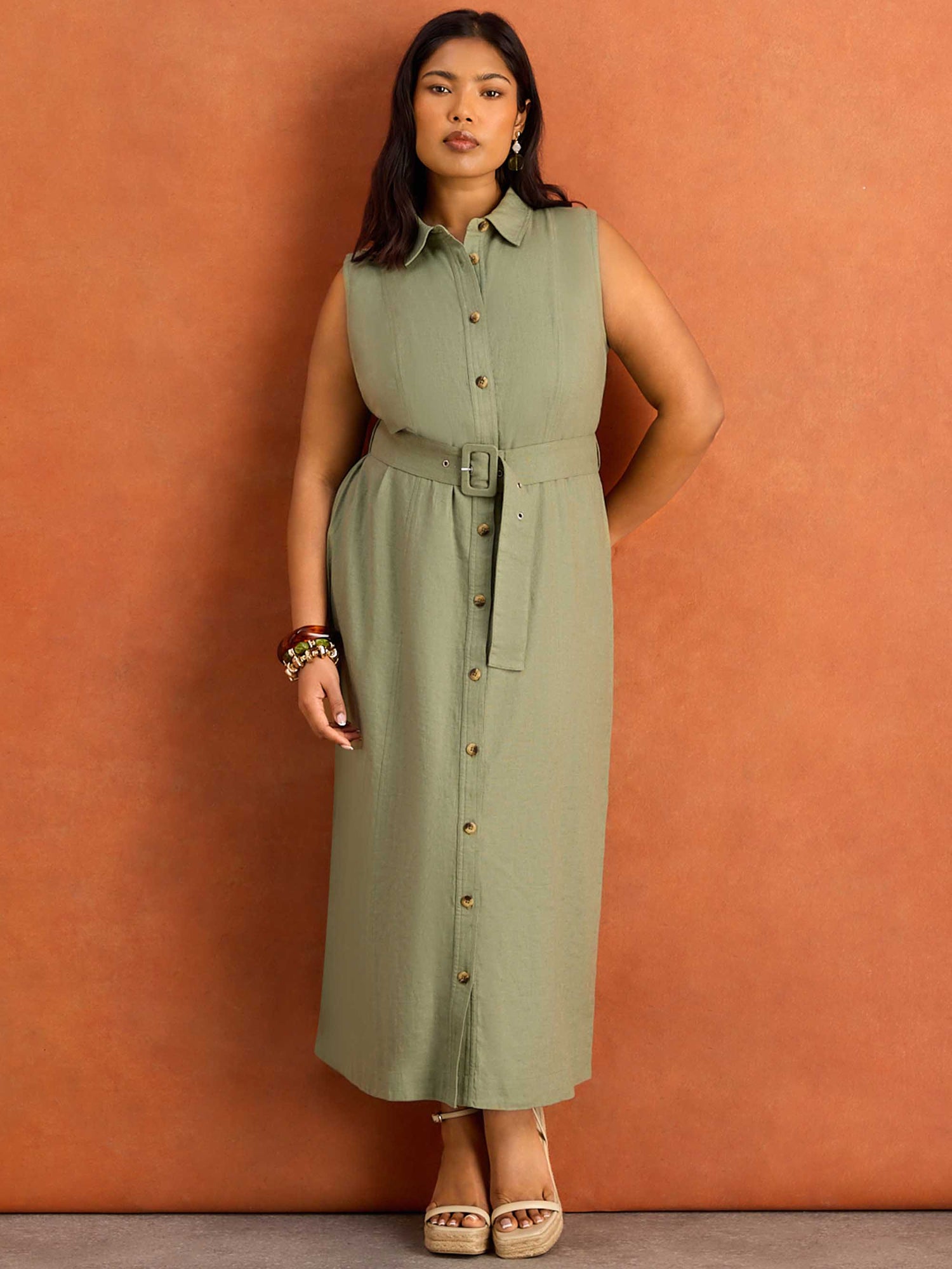 Green Linen Blend Belted Midi Shirt Dress