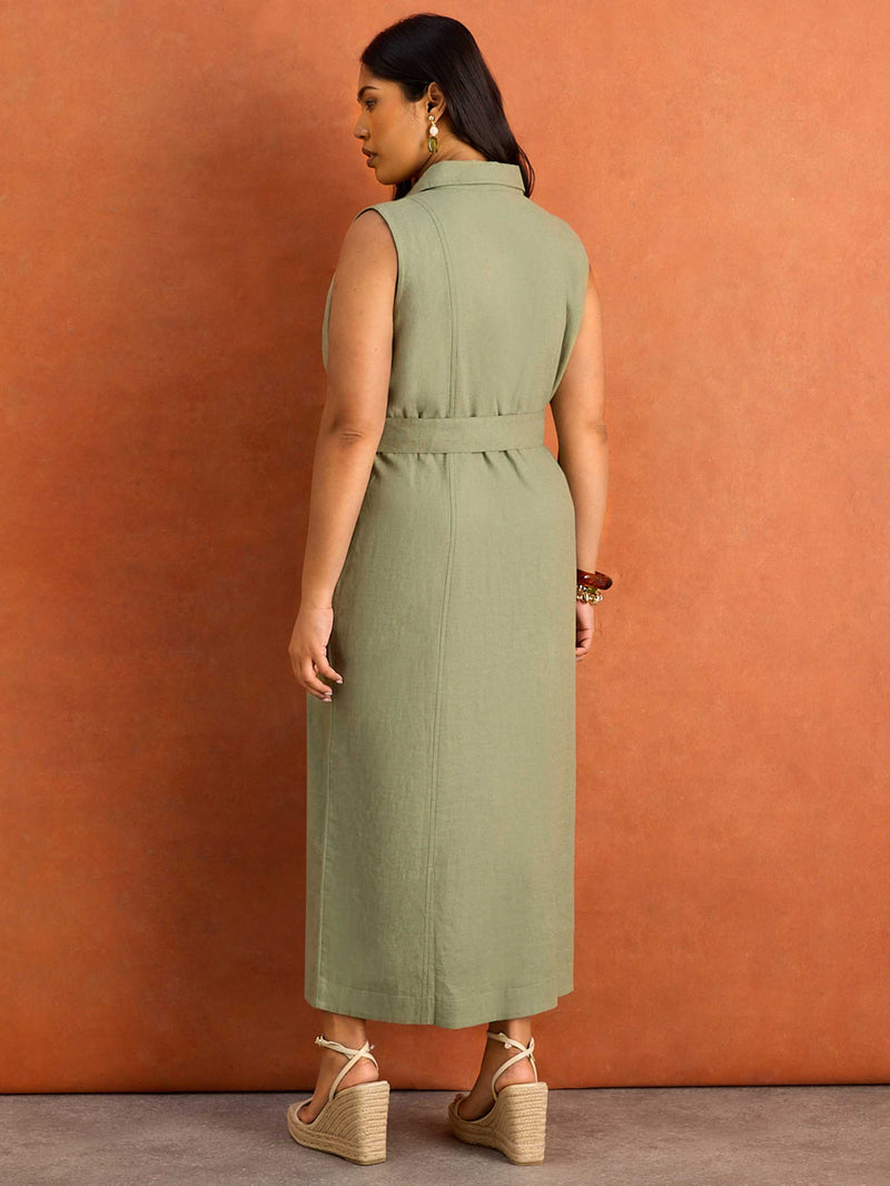 Green Linen Blend Midaxi Shirt Dress Resort Holiday