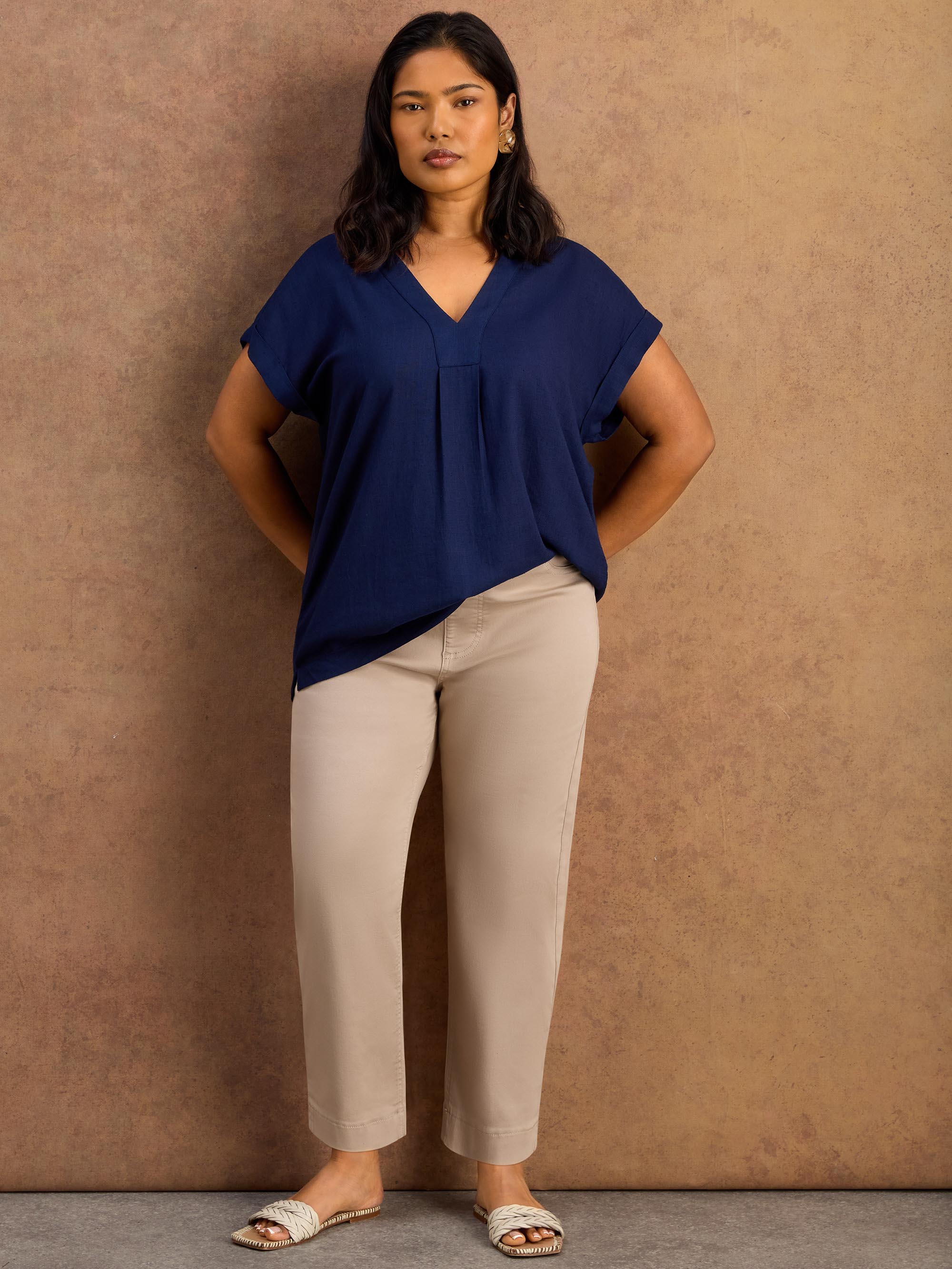 Navy Linen Blend V-Neck Top - Main Range and petite available