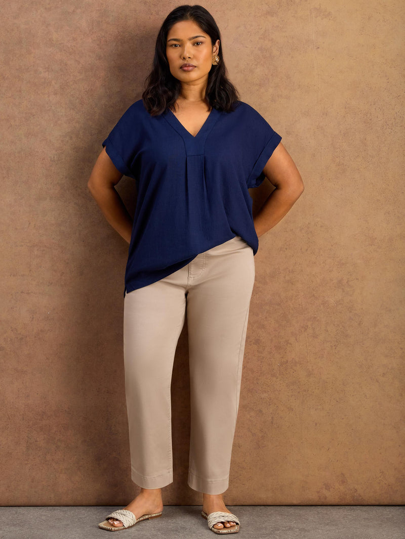 Navy Linen Blend V-Neck Top - Main Range and petite available