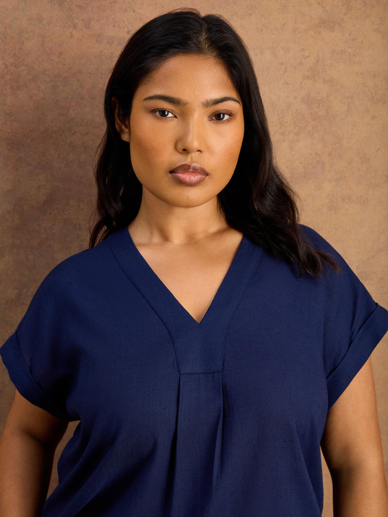 Navy Linen Blend V-Neck Top - Main Range and petite available