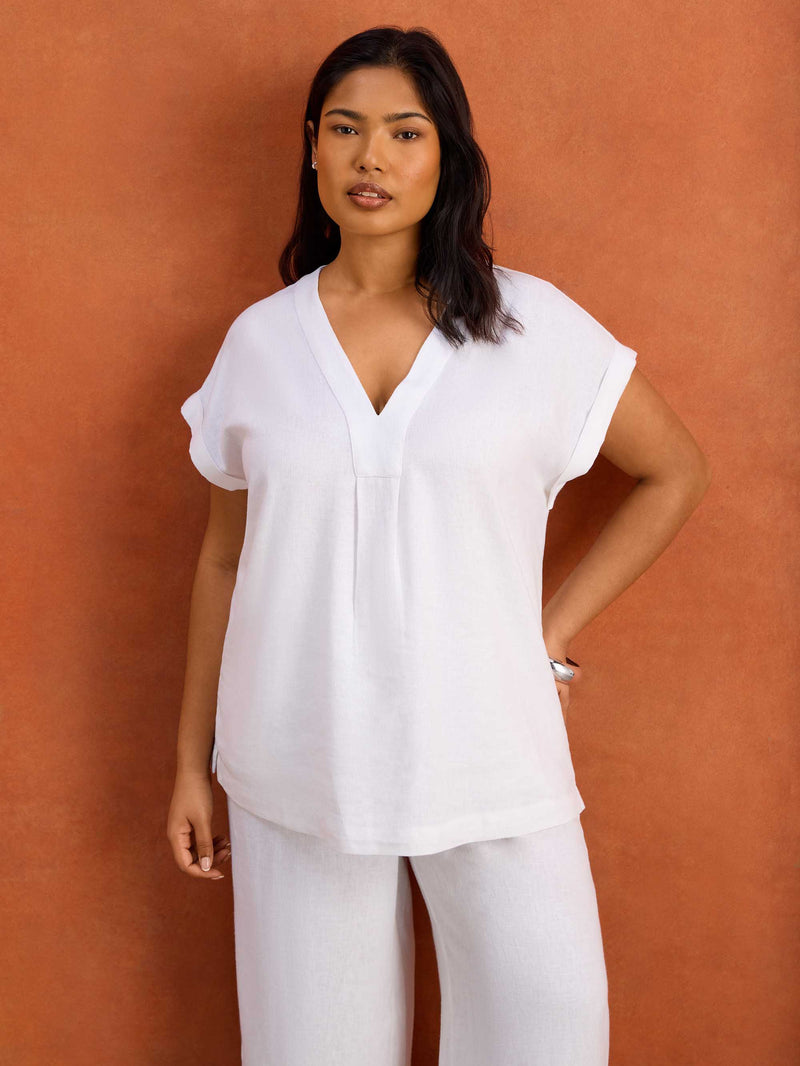 White Linen Blend V-Neck Top Plus Size Curve Co-Ord Resort