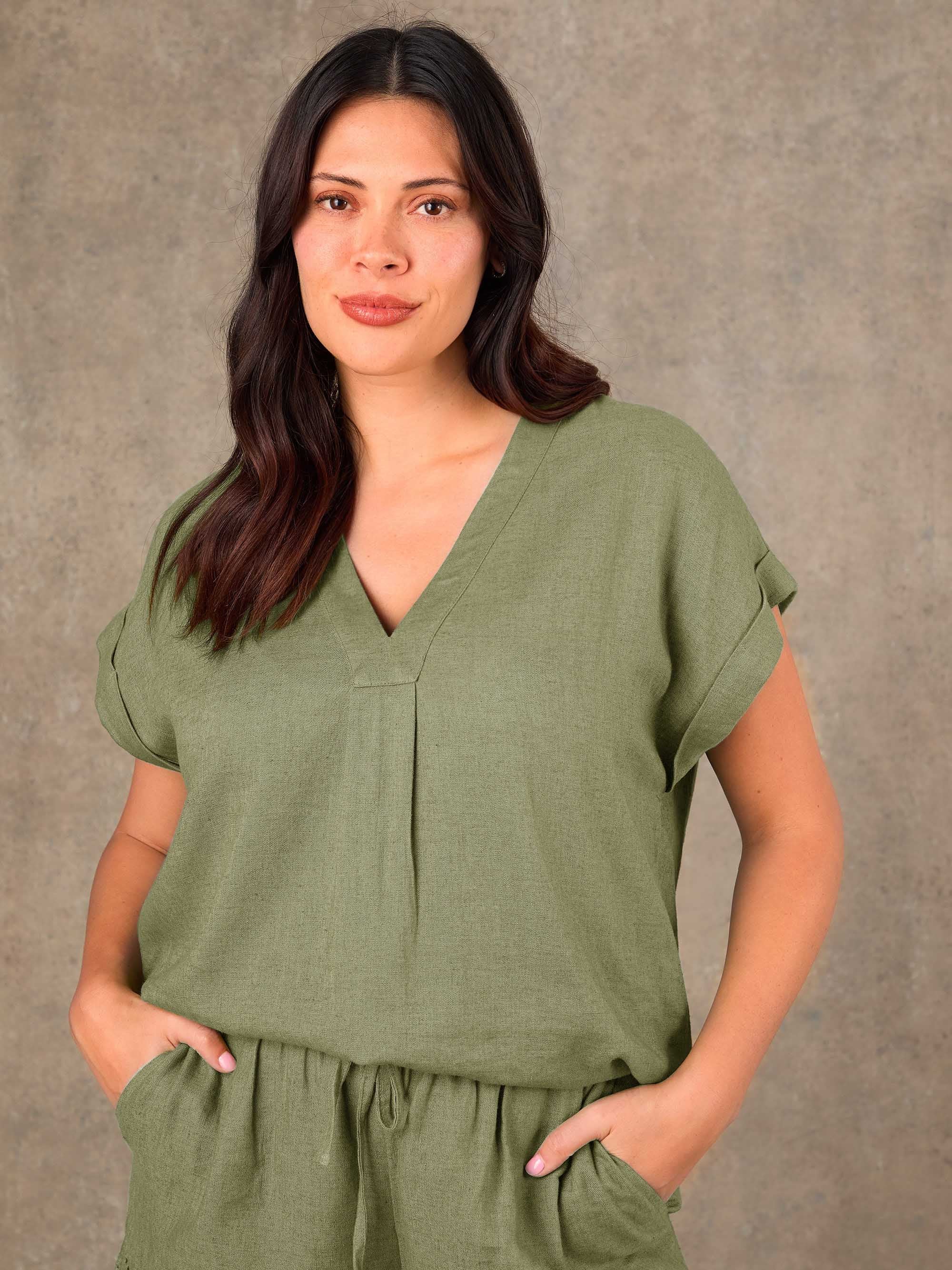 Green Linen Blend V-Neck Top