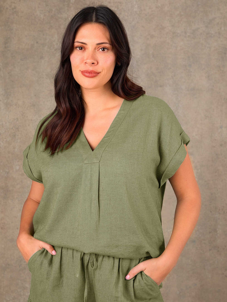 Green Linen Blend V-Neck Top
