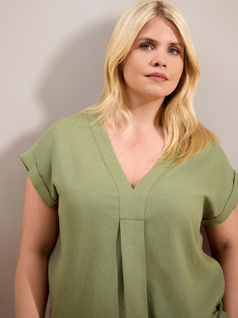 Green Linen Blend V-Neck Top
