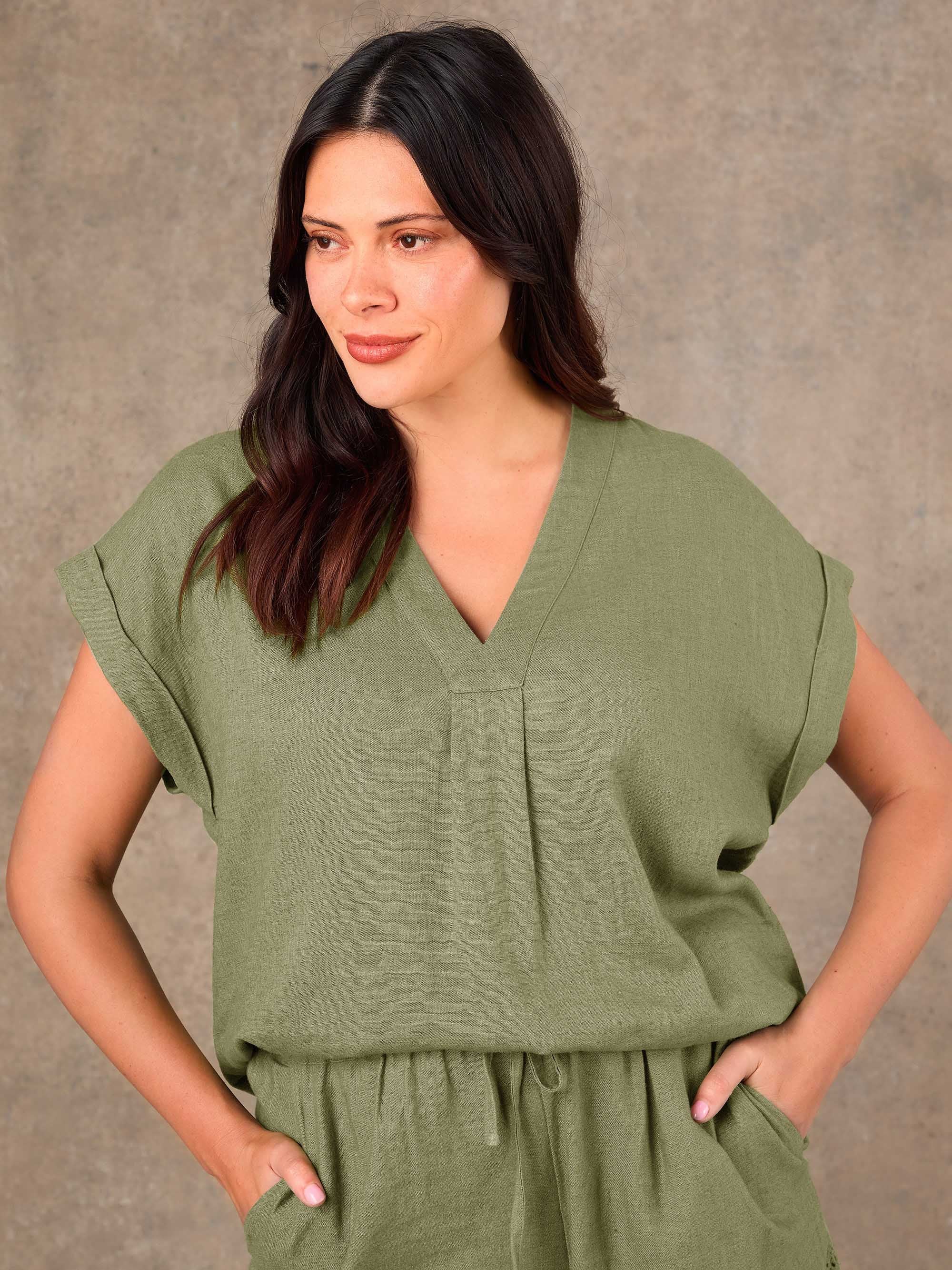 Green Linen Blend V-Neck Top