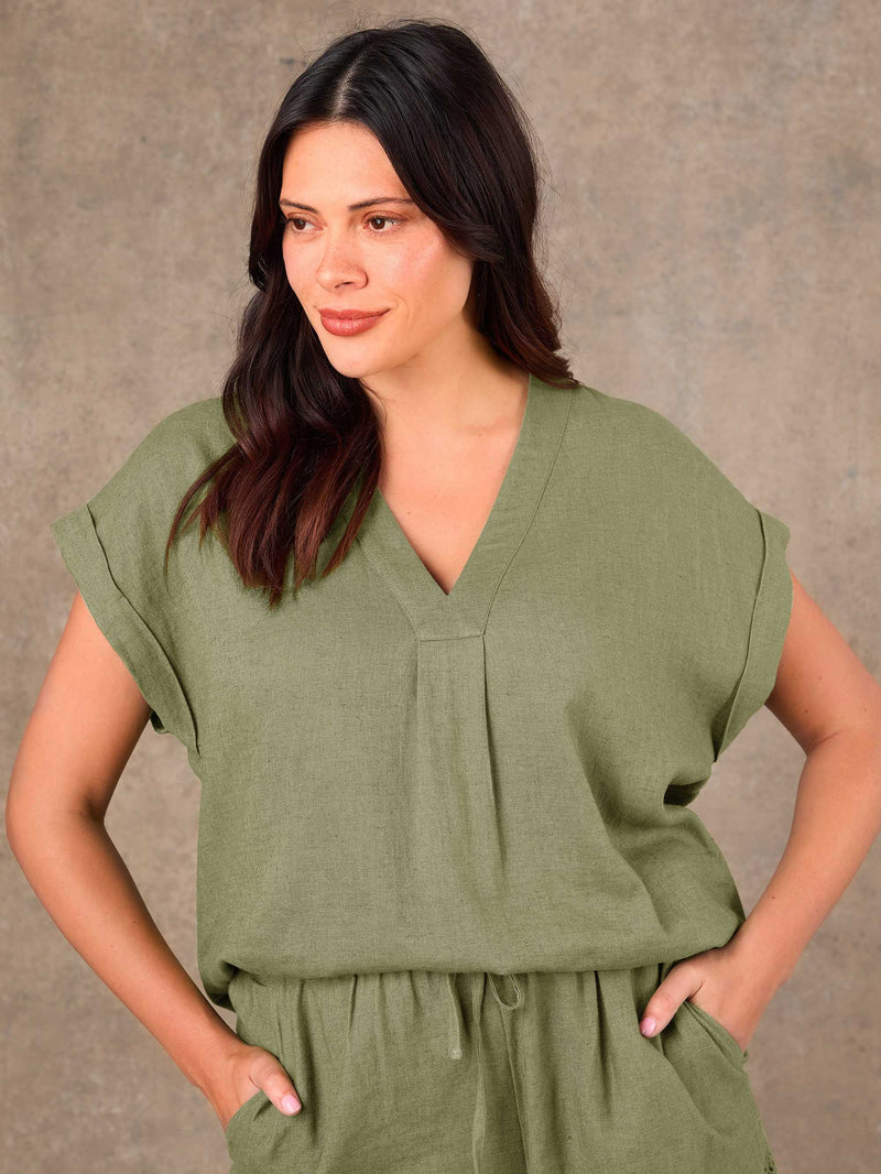 Green Linen Blend V-Neck Top