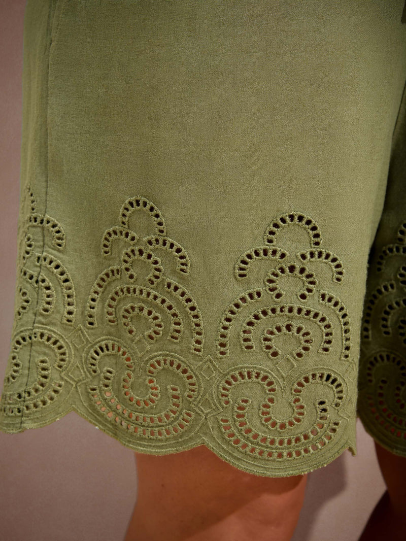 Green Linen Blend Broderie Shorts