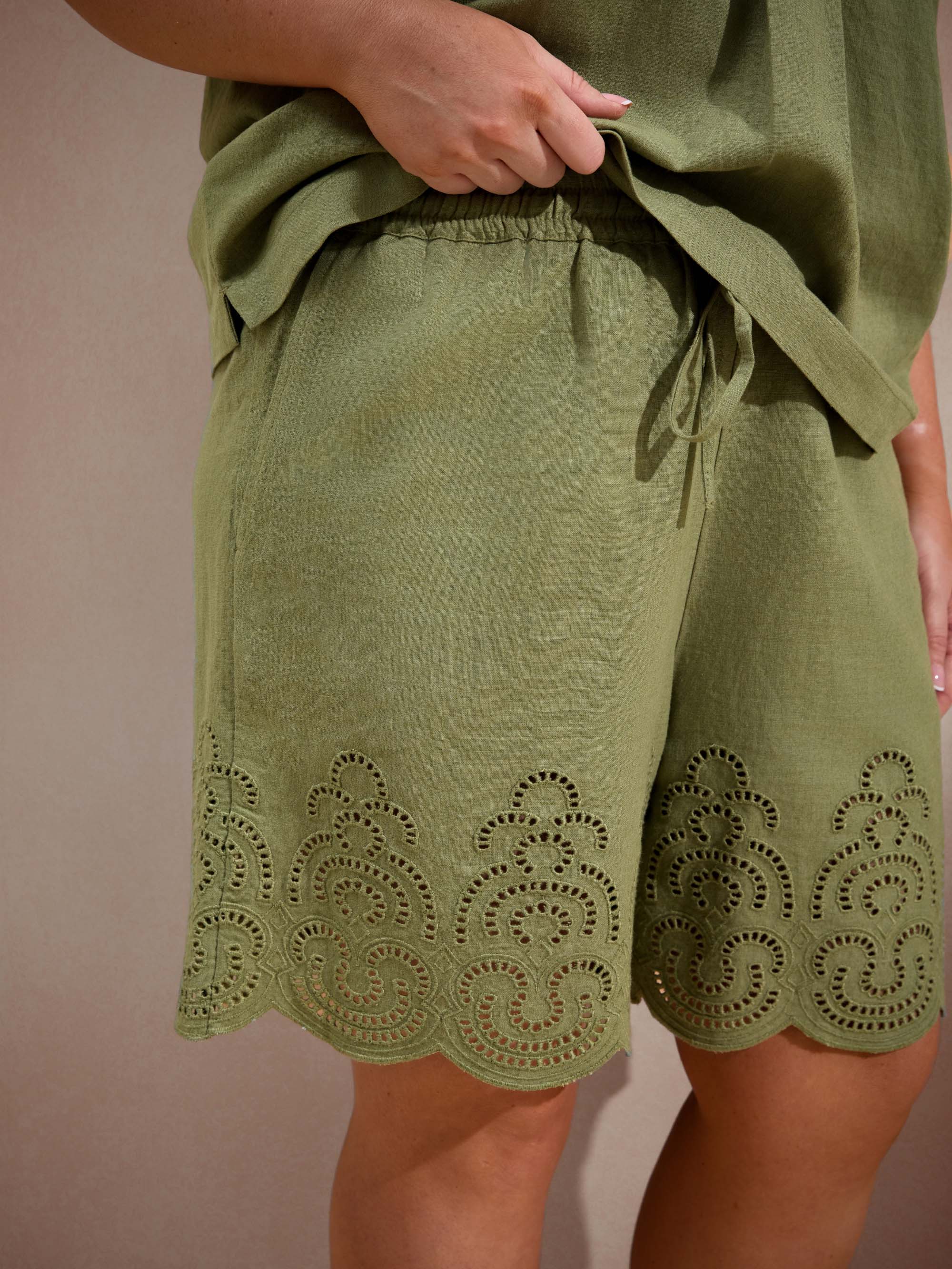 Green Linen Blend Broderie Shorts