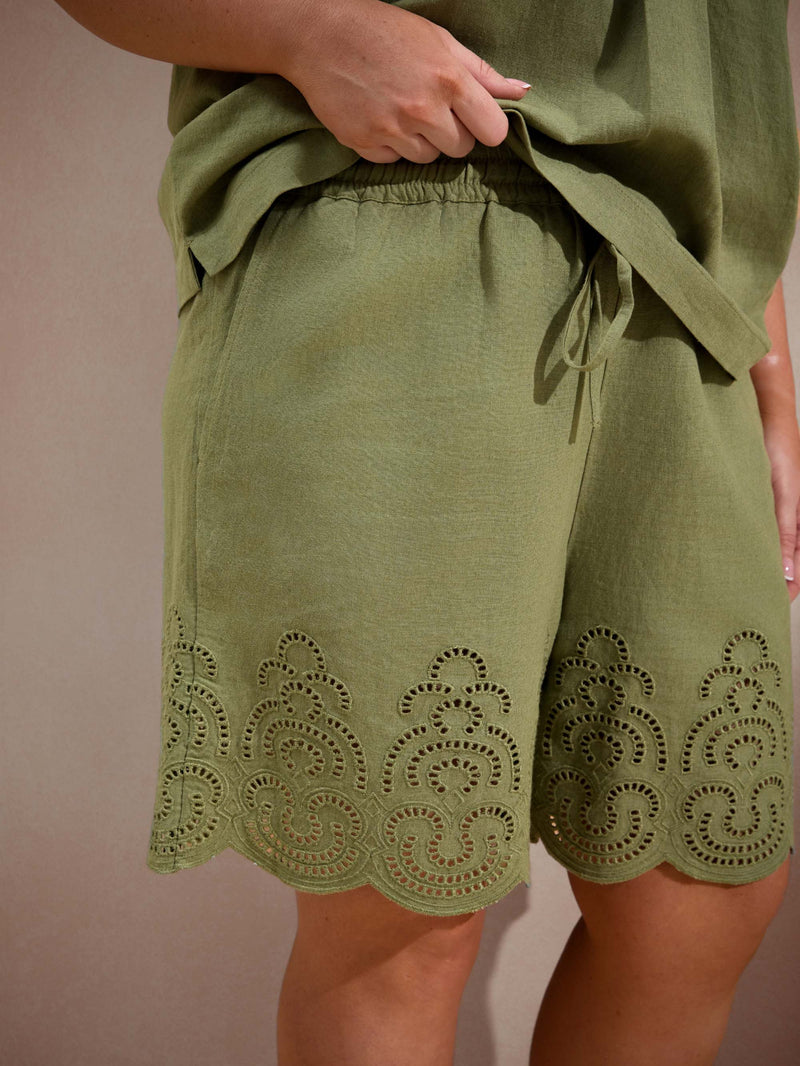 Green Linen Blend Broderie Shorts