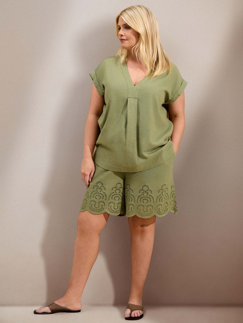 Green Linen Blend Broderie Shorts