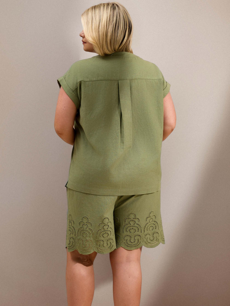 Green Linen Blend Broderie Shorts