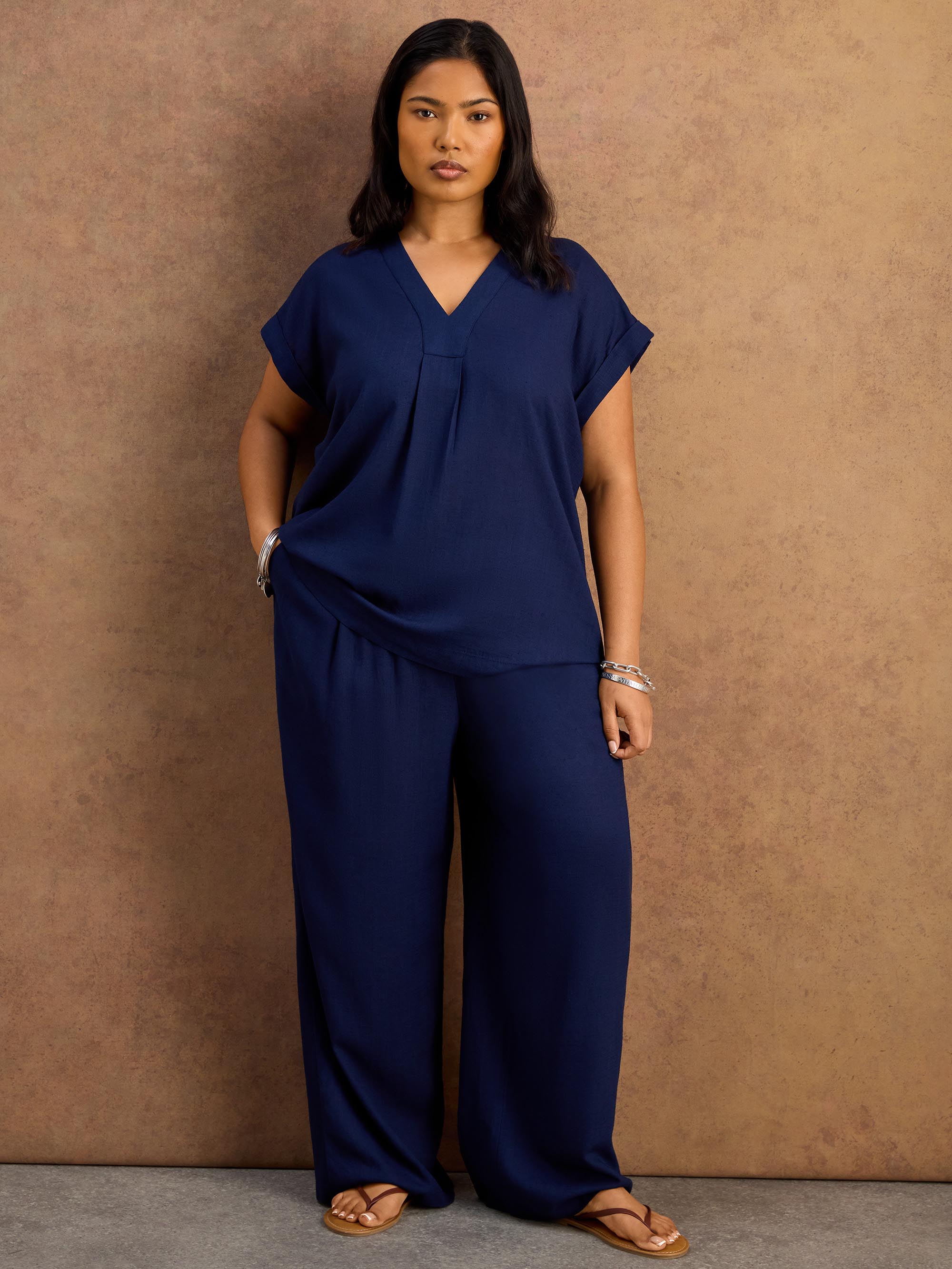 Navy Linen Blend Drawstring Trousers Resort Co-Rd if needed
