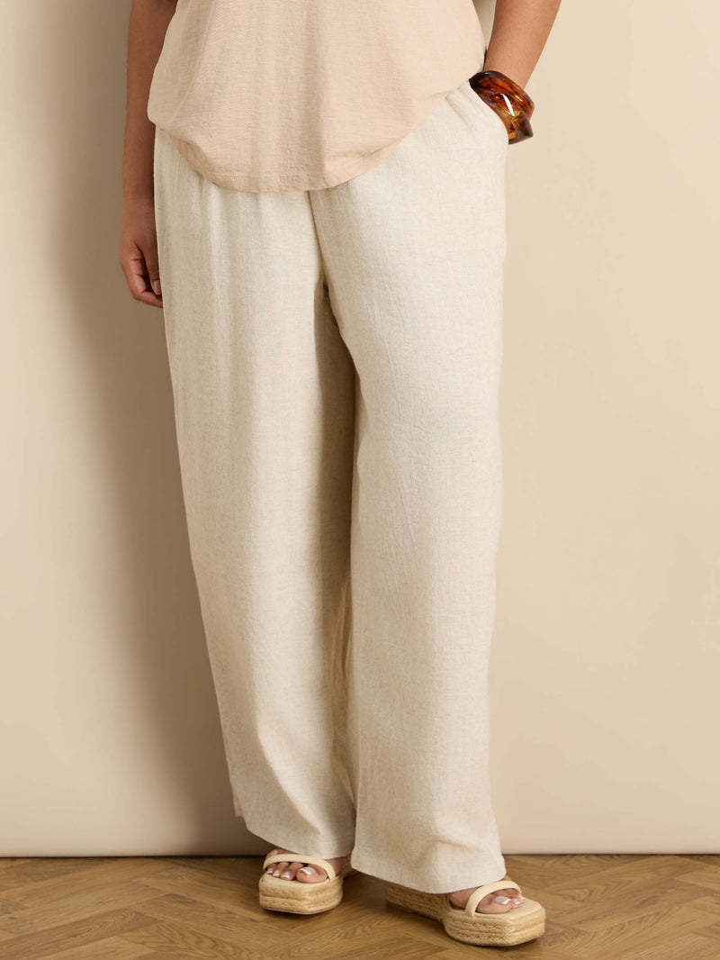 Oatmeal Linen Blend Wide Leg Drawstring Trousers