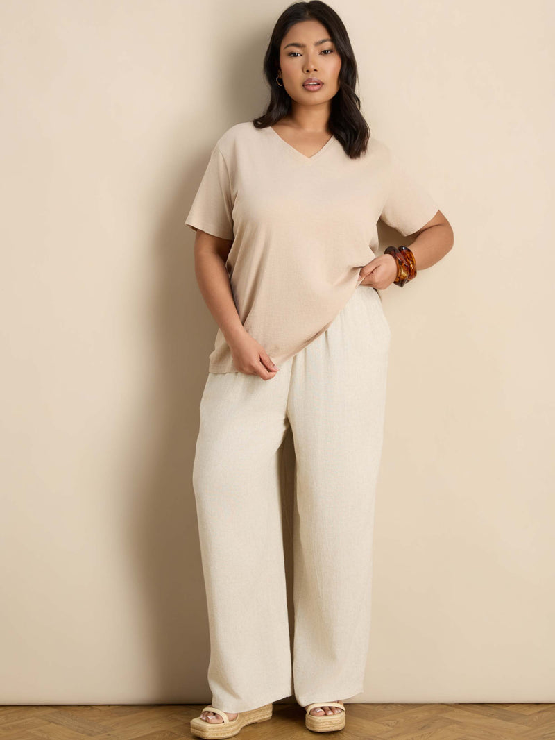 Oatmeal Linen Blend Wide Leg Drawstring Trousers