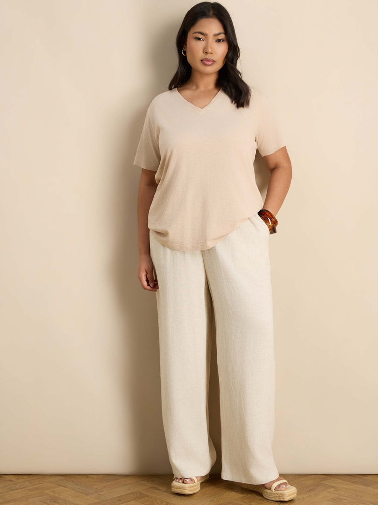 Oatmeal Linen Blend Wide Leg Drawstring Trousers