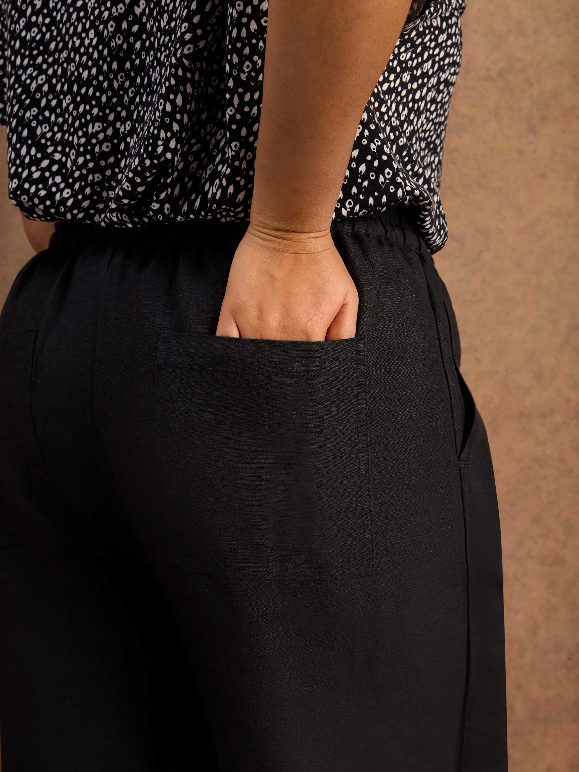 Black Linen Blend Drawstring Cropped Trousers