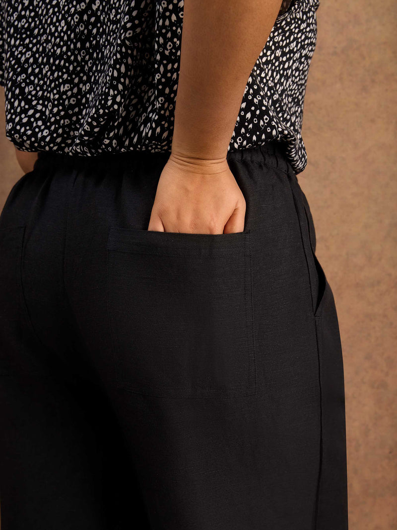 Black Linen Blend Drawstring Cropped Trousers