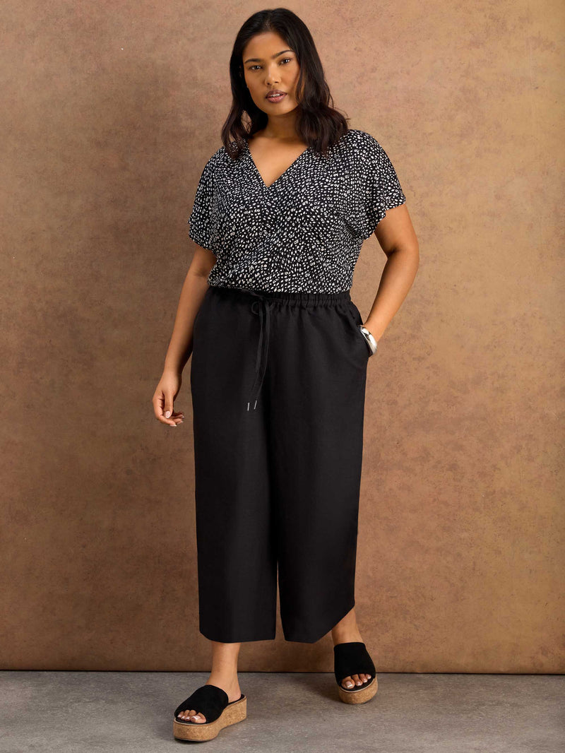 Black Linen Blend Drawstring Cropped Trousers