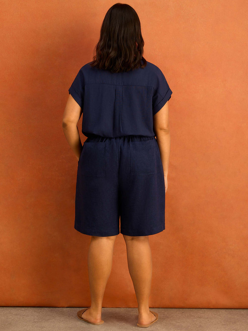 Navy Linen Blend Shorts