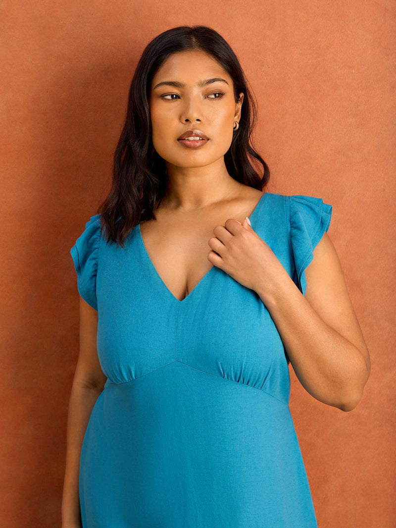 Blue Frill Sleeve Linen Midi Dress Linen Blend Resort Curve