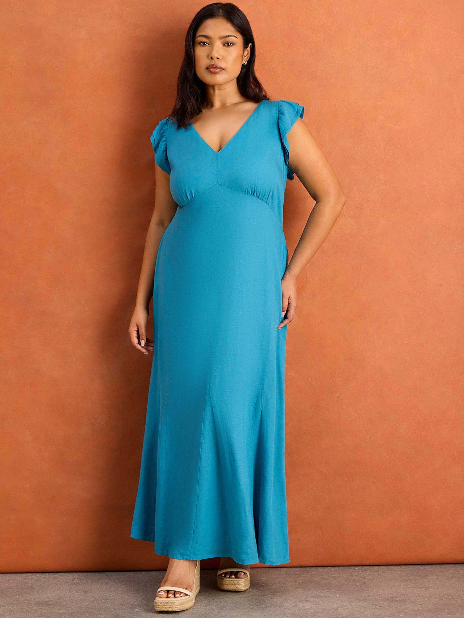Blue Frill Sleeve Linen Blend Midi Dress Blue Frill Sleeve Linen Blend Midi Dress