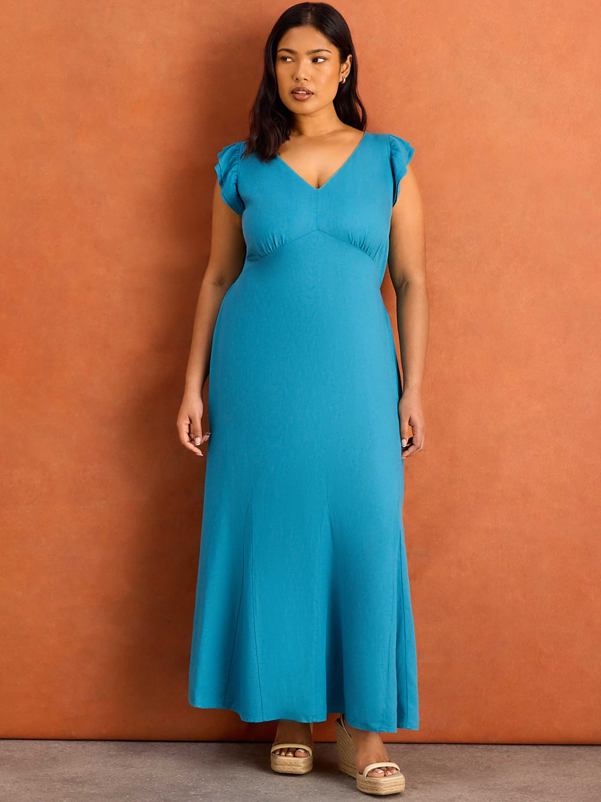 Blue Frill Sleeve Linen Midi Dress Linen Blend Resort Curve