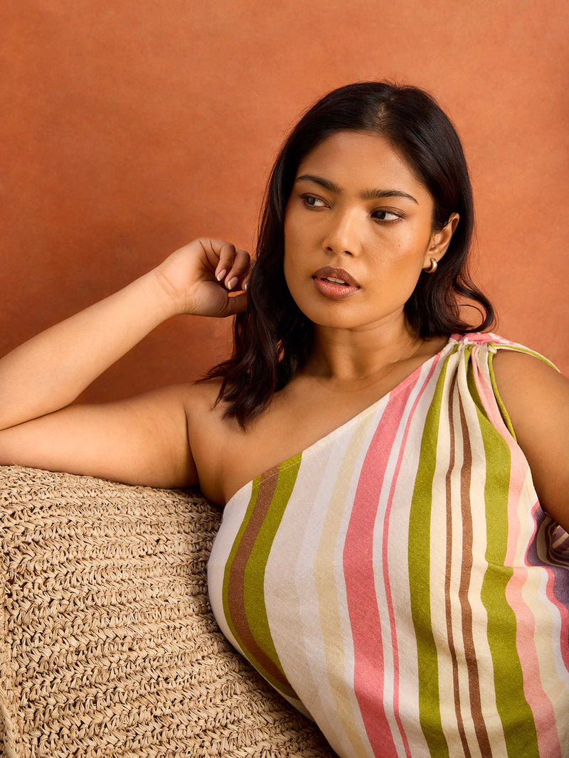 Multi Stripe One Shoulder Midaxi Dress Resort Co-Ord