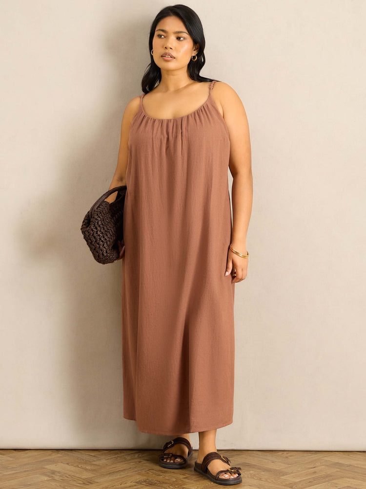 Tan Linen Blend Bobble Trim Maxi Dress 
