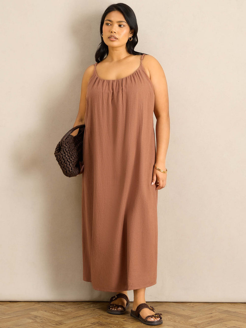 Tan Linen Blend Bobble Trim Maxi Dress 