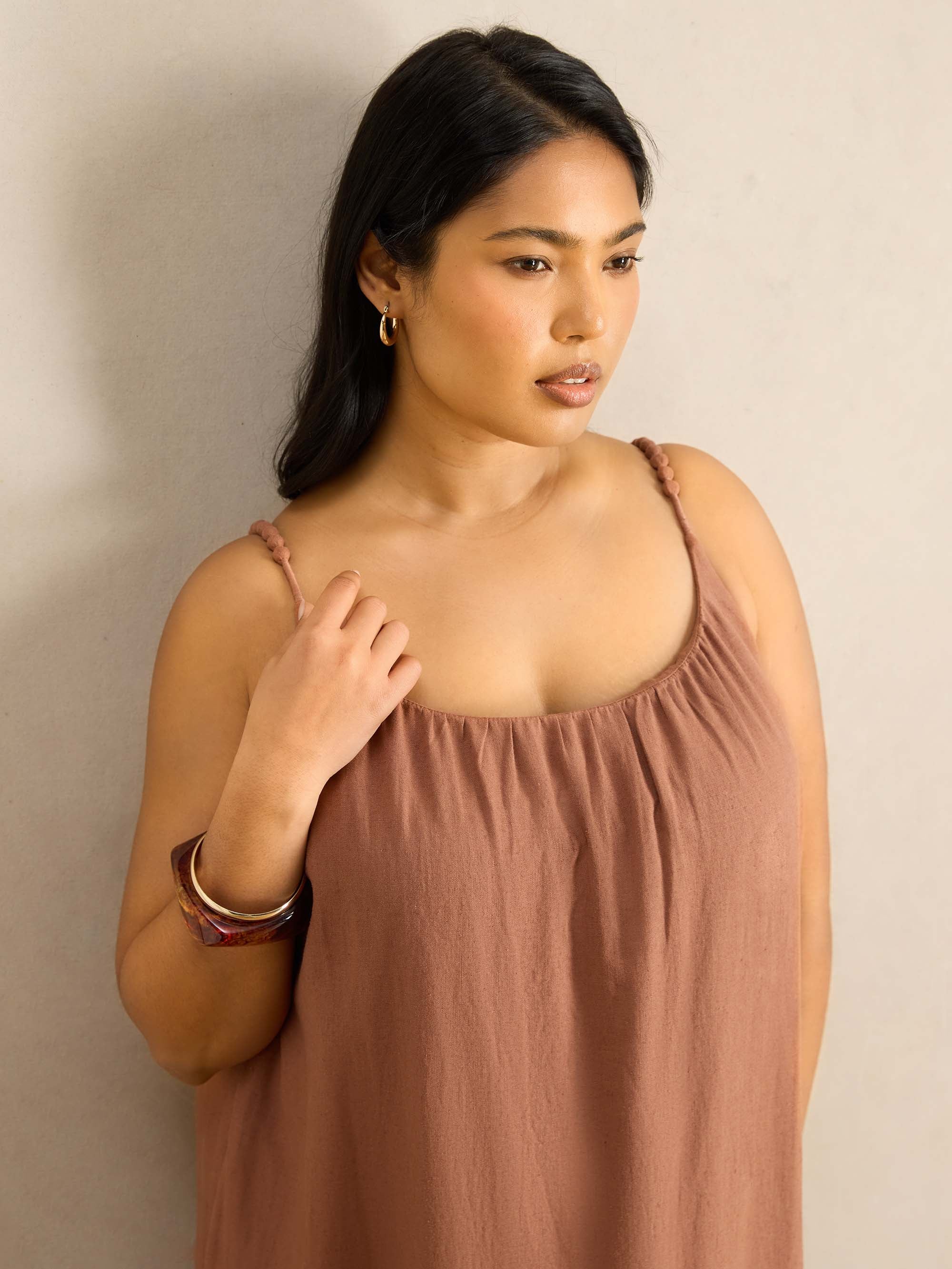 Tan Linen Blend Bobble Trim Maxi Dress