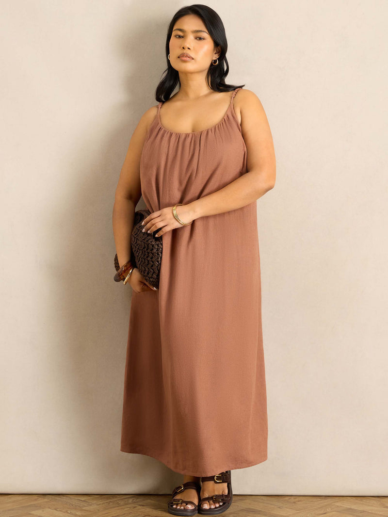 Tan Linen Blend Bobble Trim Maxi Dress