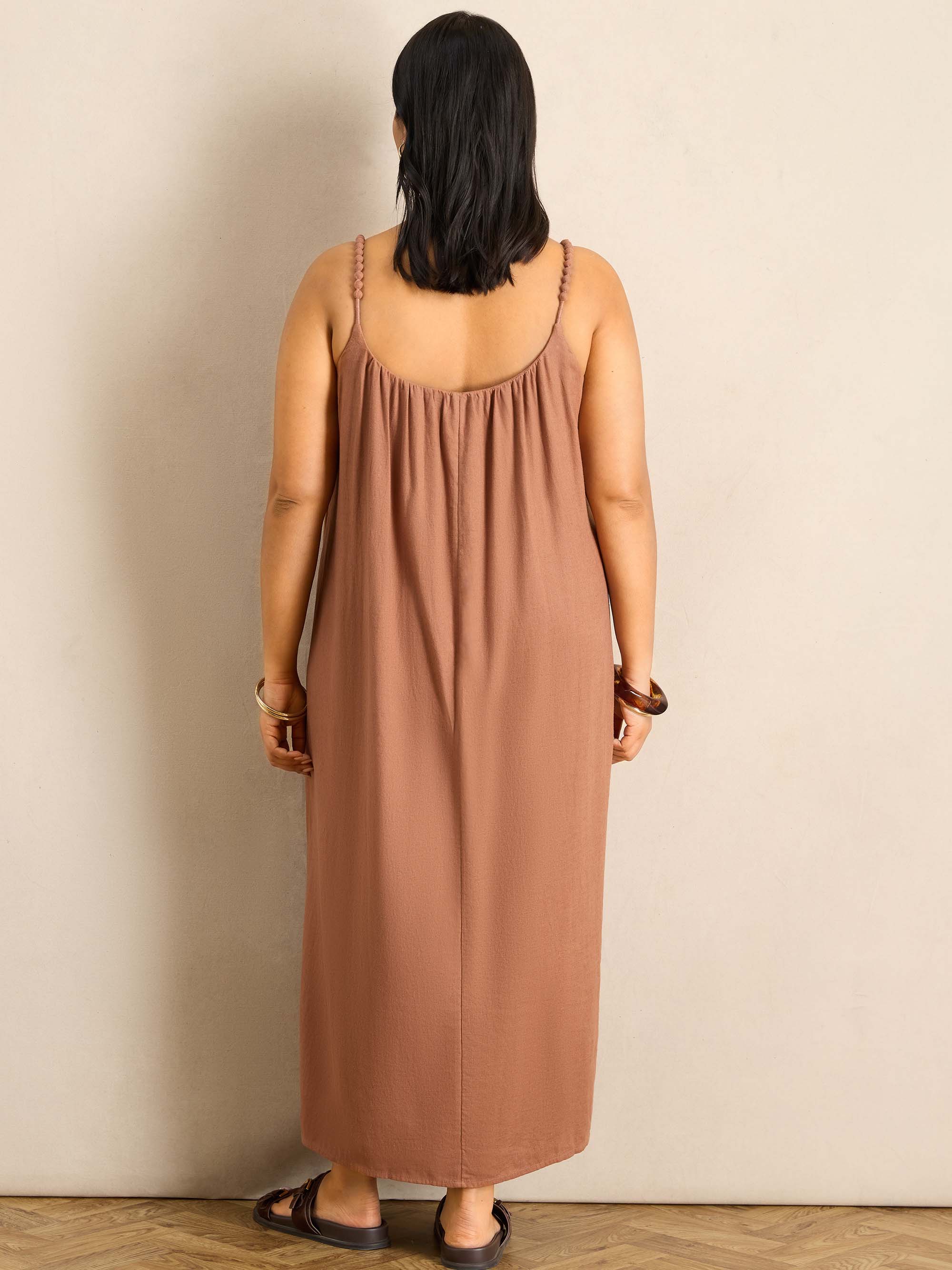 Tan Linen Blend Bobble Trim Maxi Dress