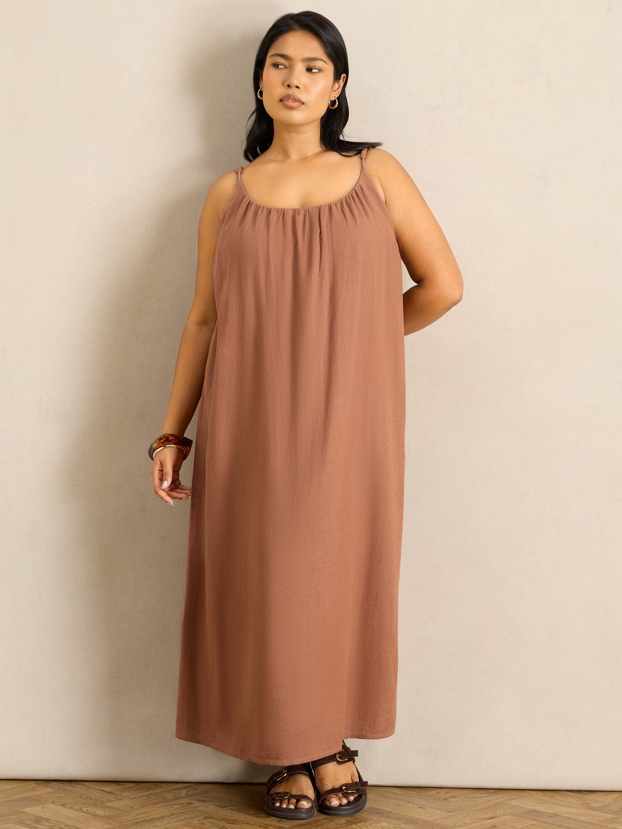 Tan Linen Blend Bobble Trim Maxi Dress