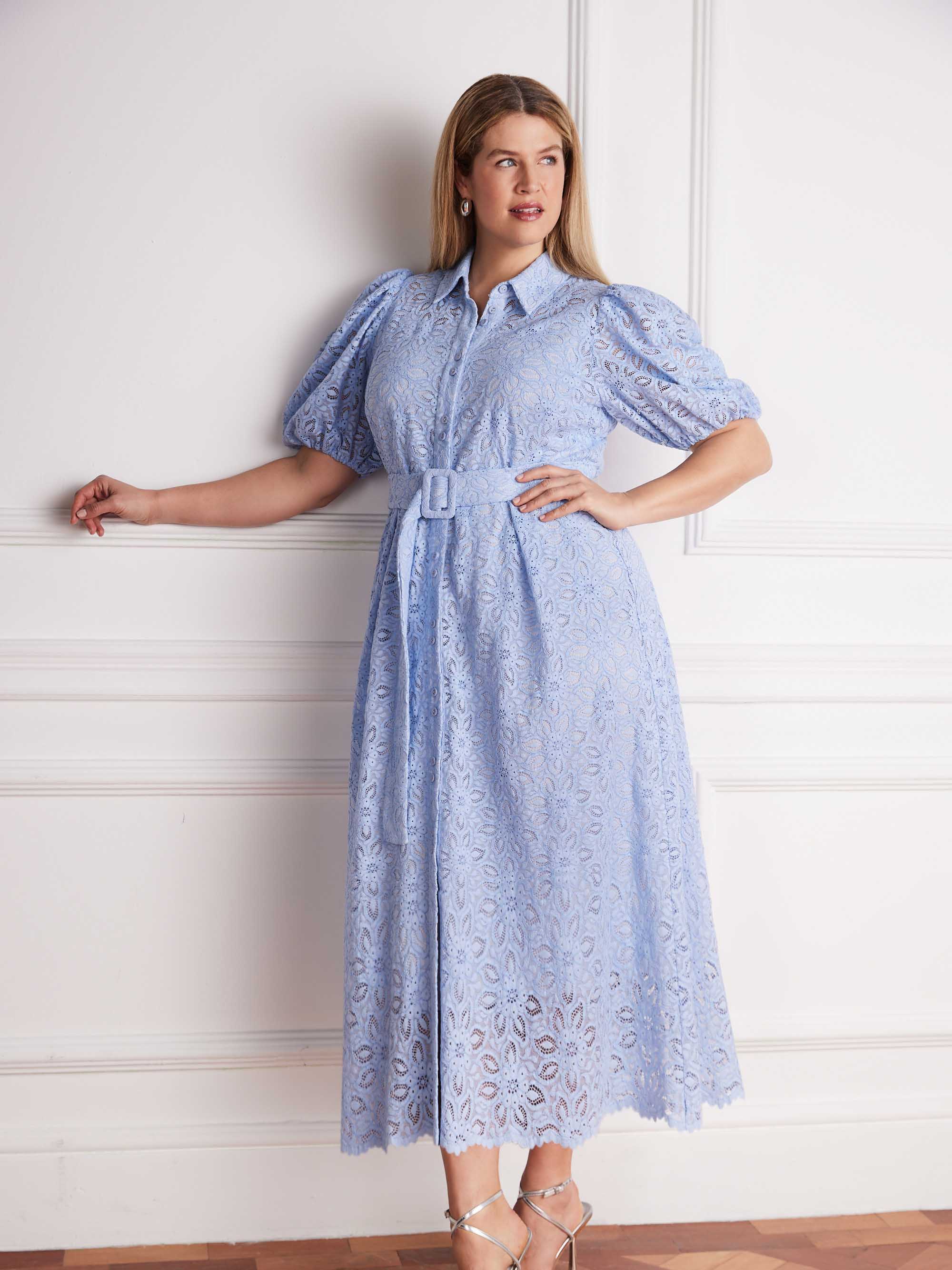 Pale Blue Puff Sleeve Button Through Belted Lace Dress