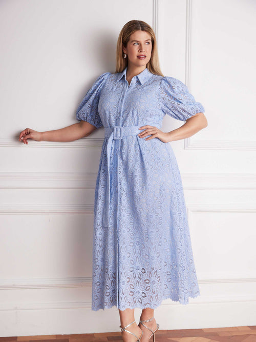 Pale Blue Puff Sleeve Button Through Belted Lace Dress