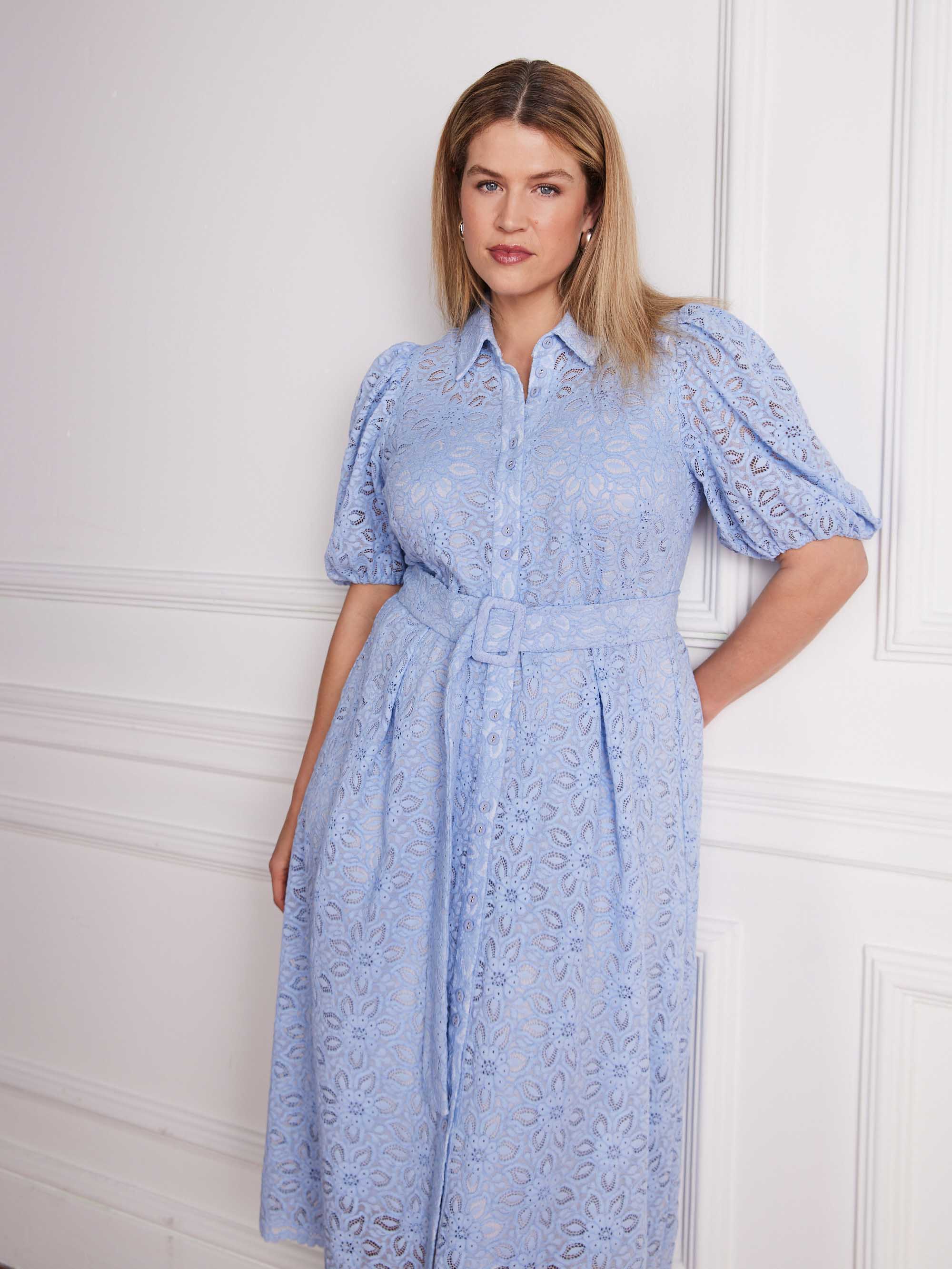 Pale Blue Puff Sleeve Button Through Belted Lace Dress
