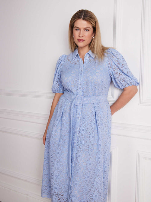 Pale Blue Puff Sleeve Button Through Belted Lace Dress