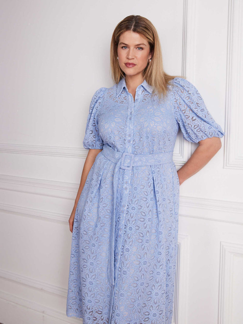 Pale Blue Puff Sleeve Button Through Belted Lace Dress