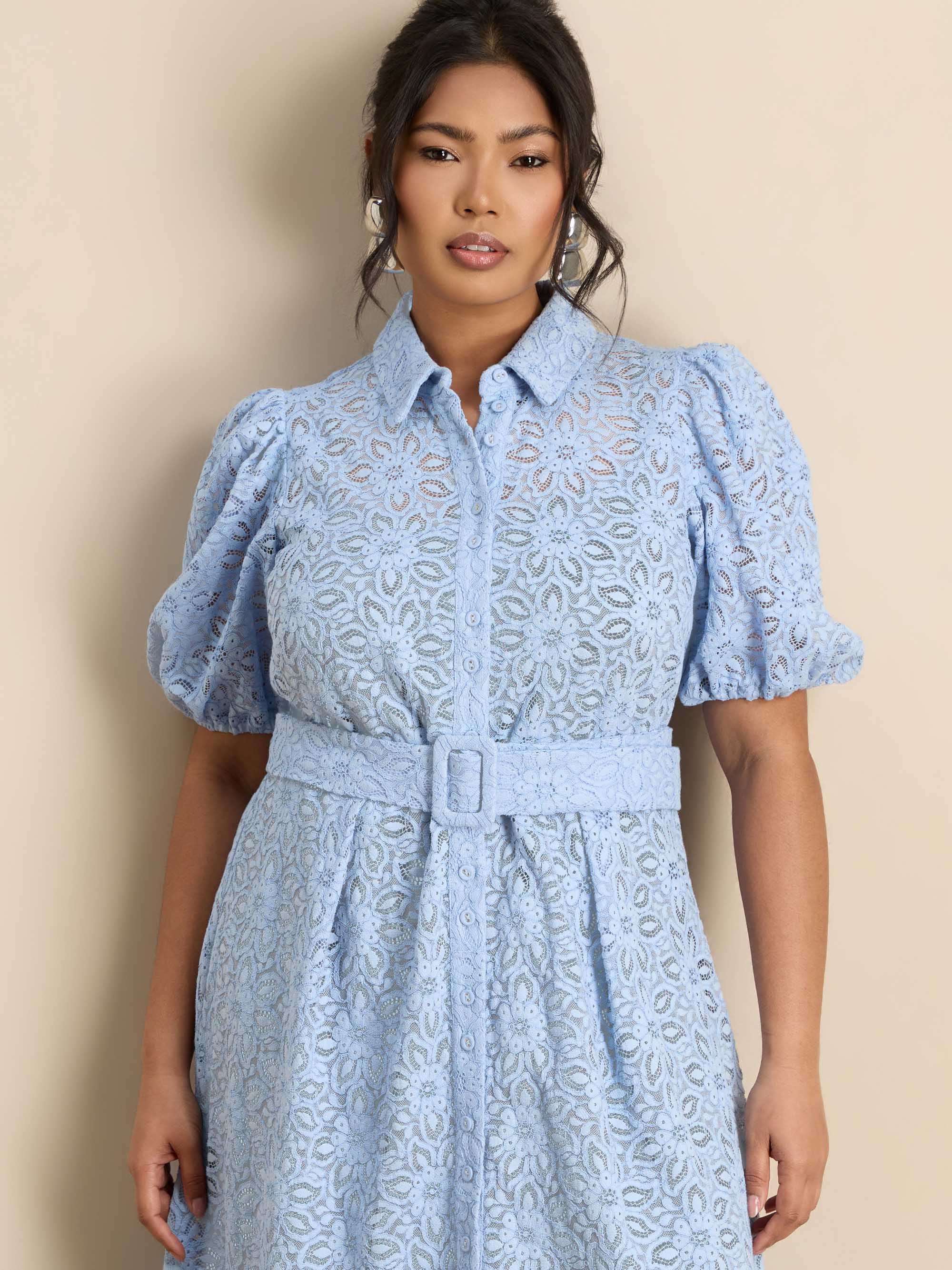 Pale Blue Puff Sleeve Button Through Belted Lace Dress
