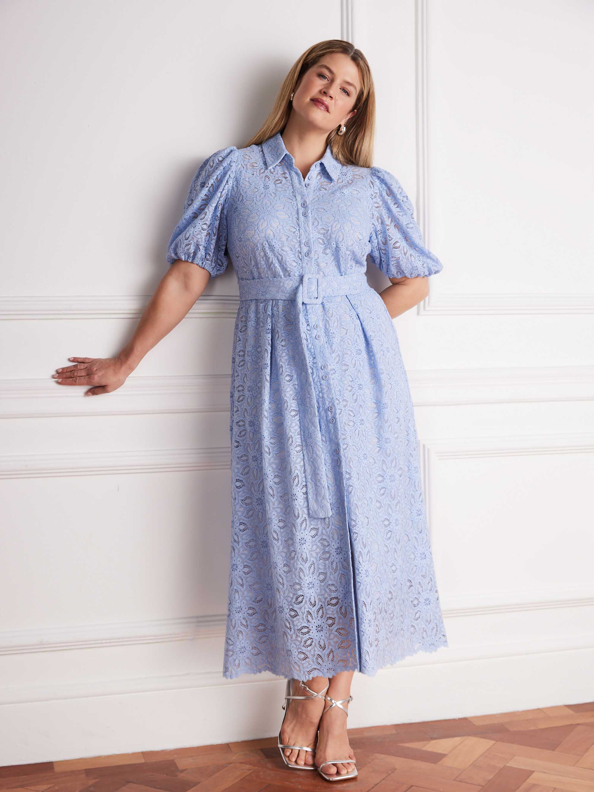 Pale Blue Puff Sleeve Button Through Belted Lace Dress
