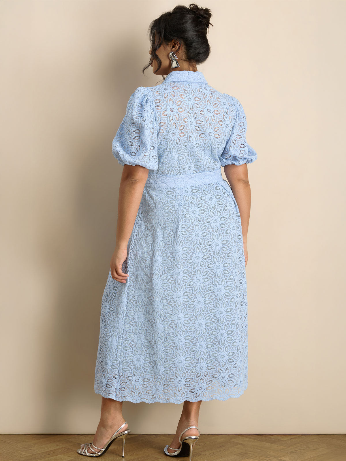 Pale Blue Puff Sleeve Button Through Belted Lace Dress
