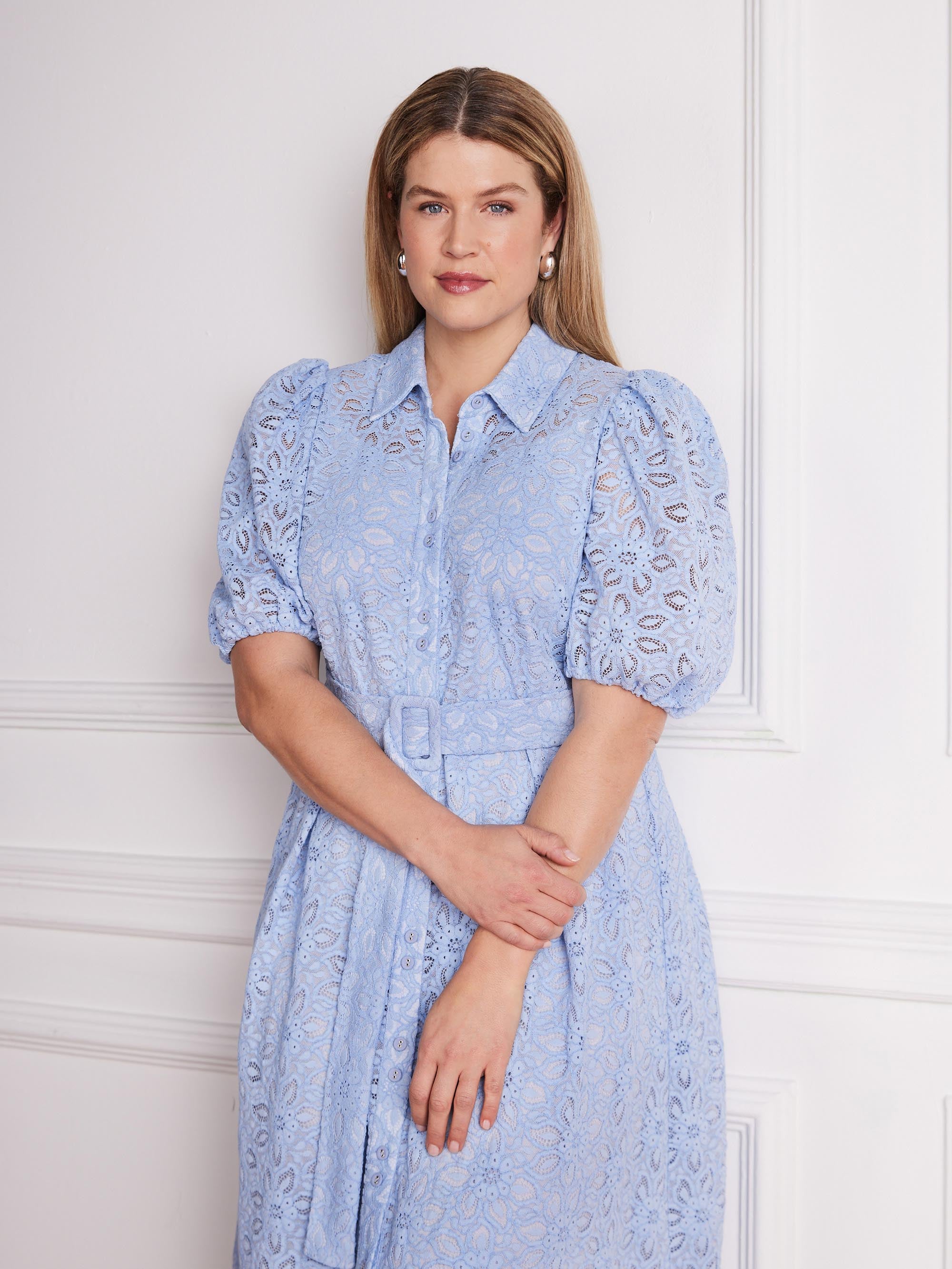 Pale Blue Puff Sleeve Button Through Belted Lace Dress