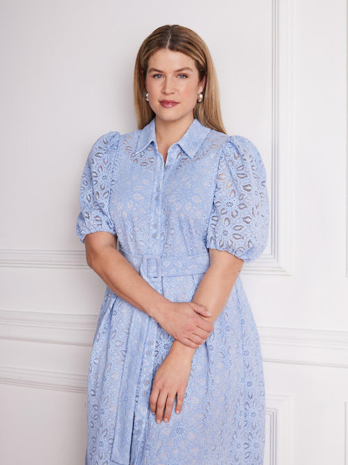 Pale Blue Puff Sleeve Button Through Belted Lace Dress