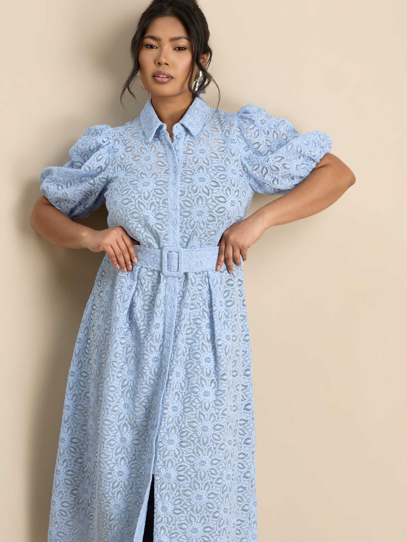 Pale Blue Puff Sleeve Button Through Belted Lace Dress