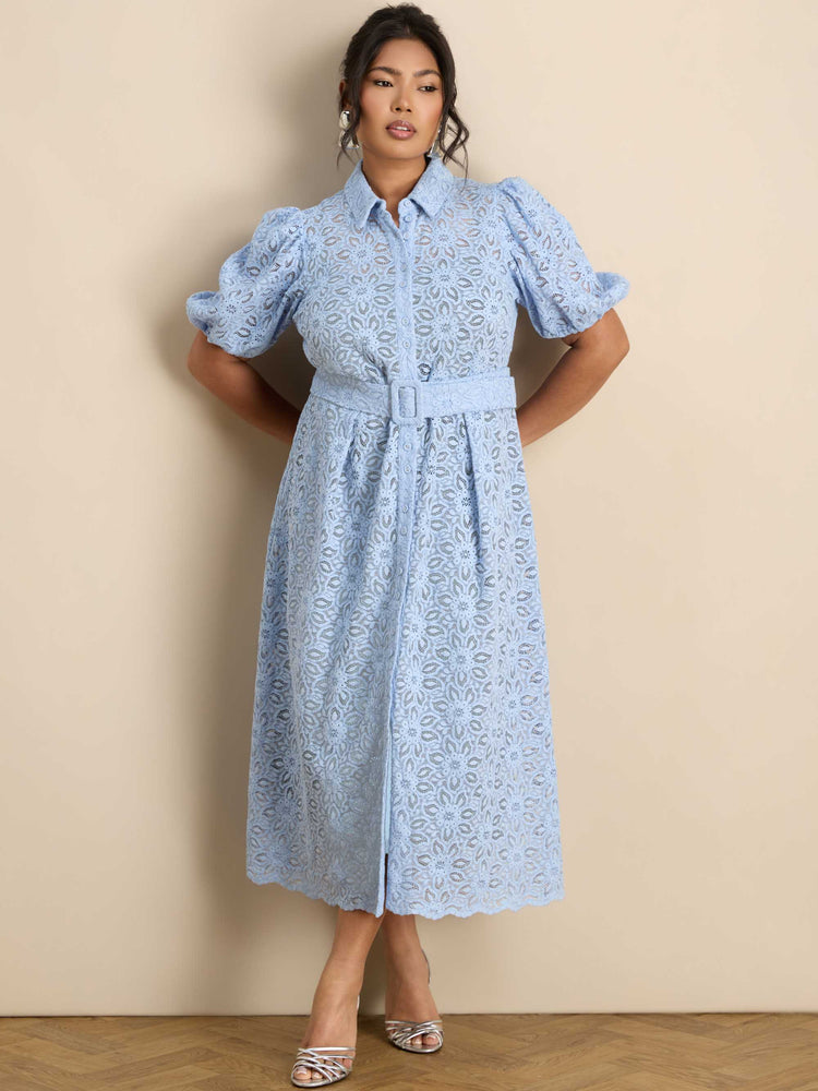 Pale Blue Puff Sleeve Button Through Belted Lace Dress