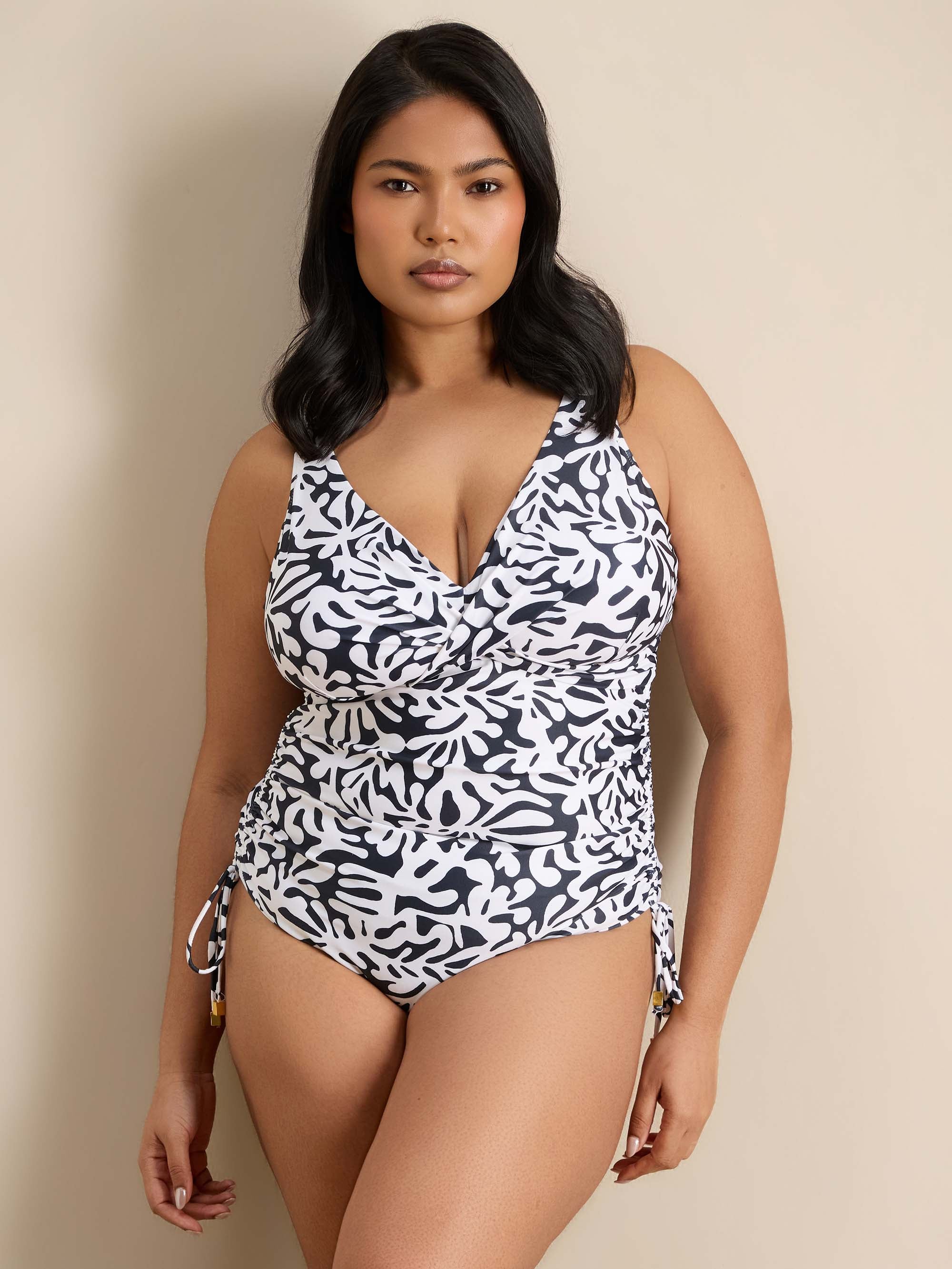 Mono Print Ruched Swimsuit plus size