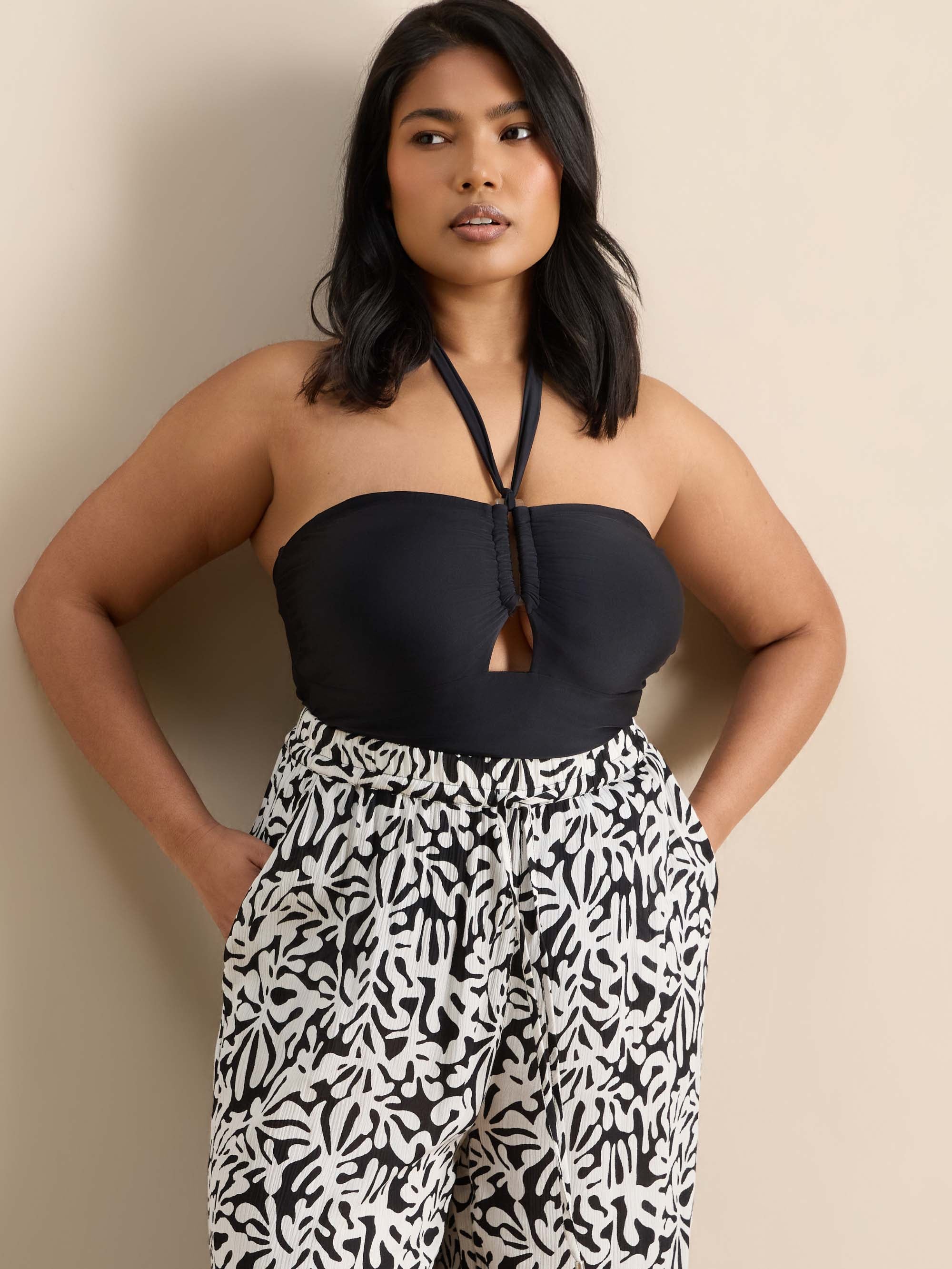 Plus Size Black Tie Neck Swimsuit