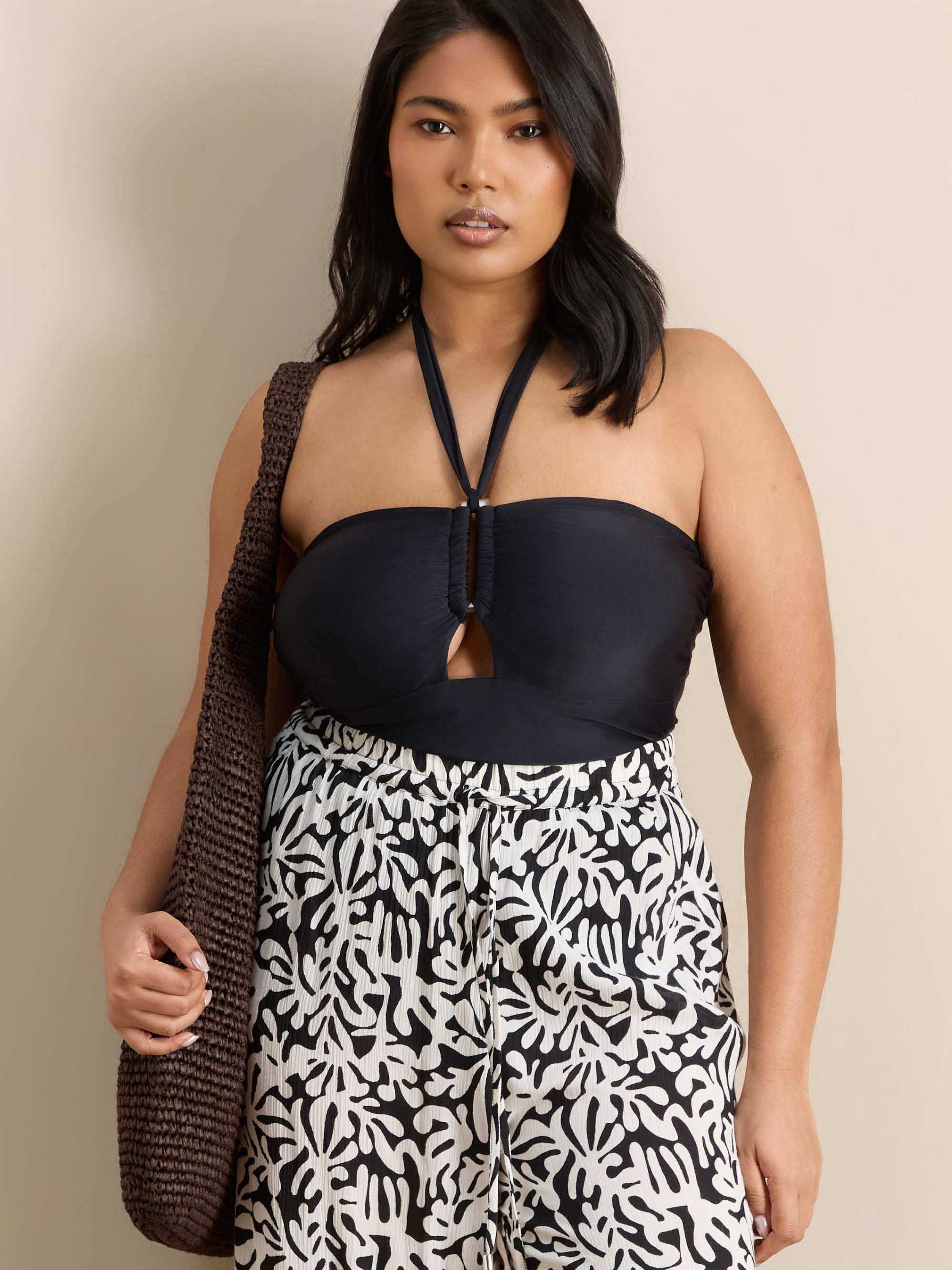 Plus Size Black Tie Neck Swimsuit