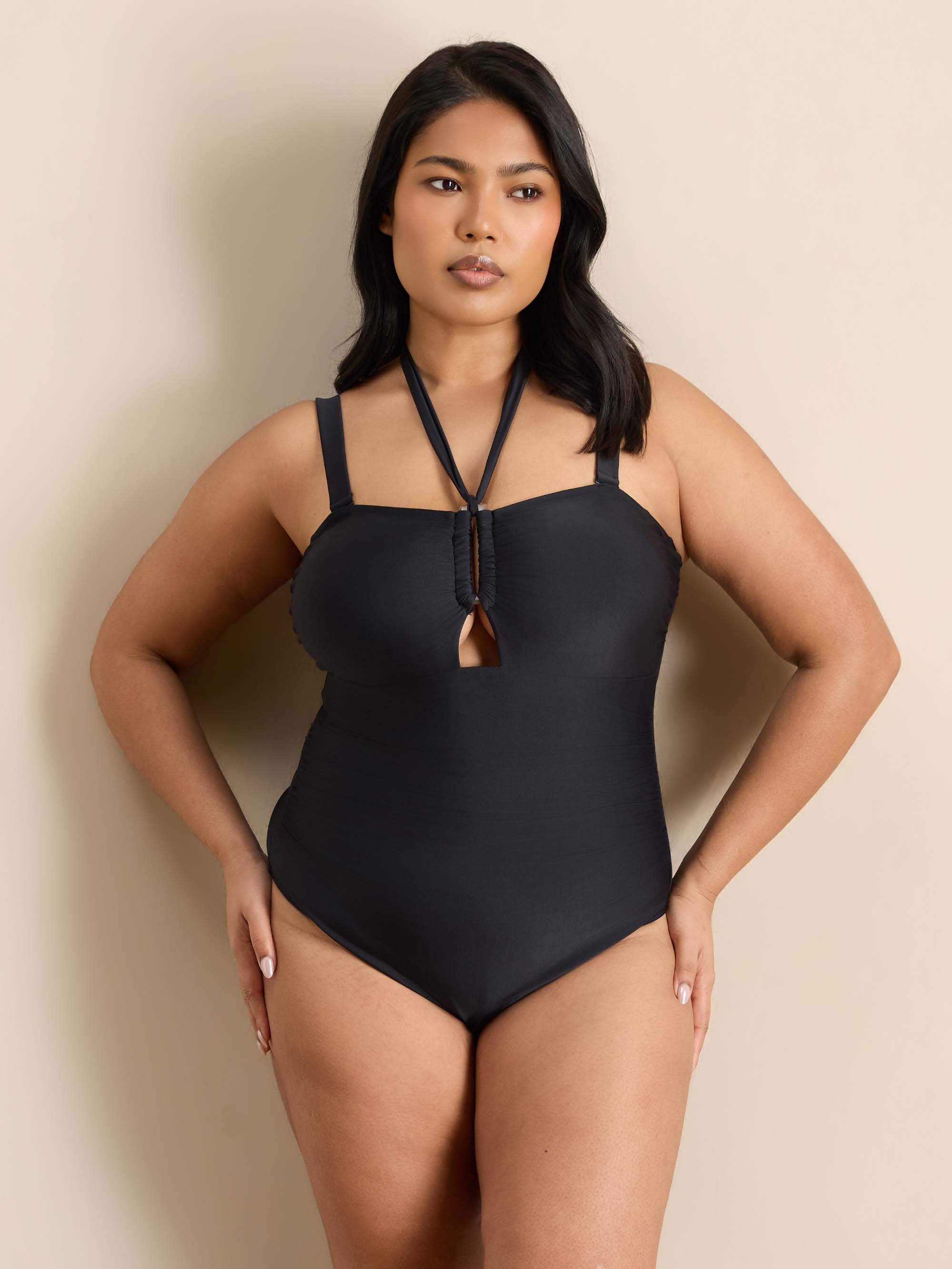 Plus Size Black Tie Neck Swimsuit